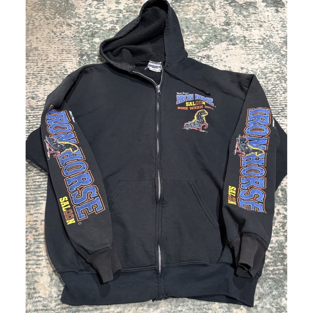 Vintage 2001 Iron Horse Saloon Bike Week Hoodie Mens L Black Y2K Motorcycle